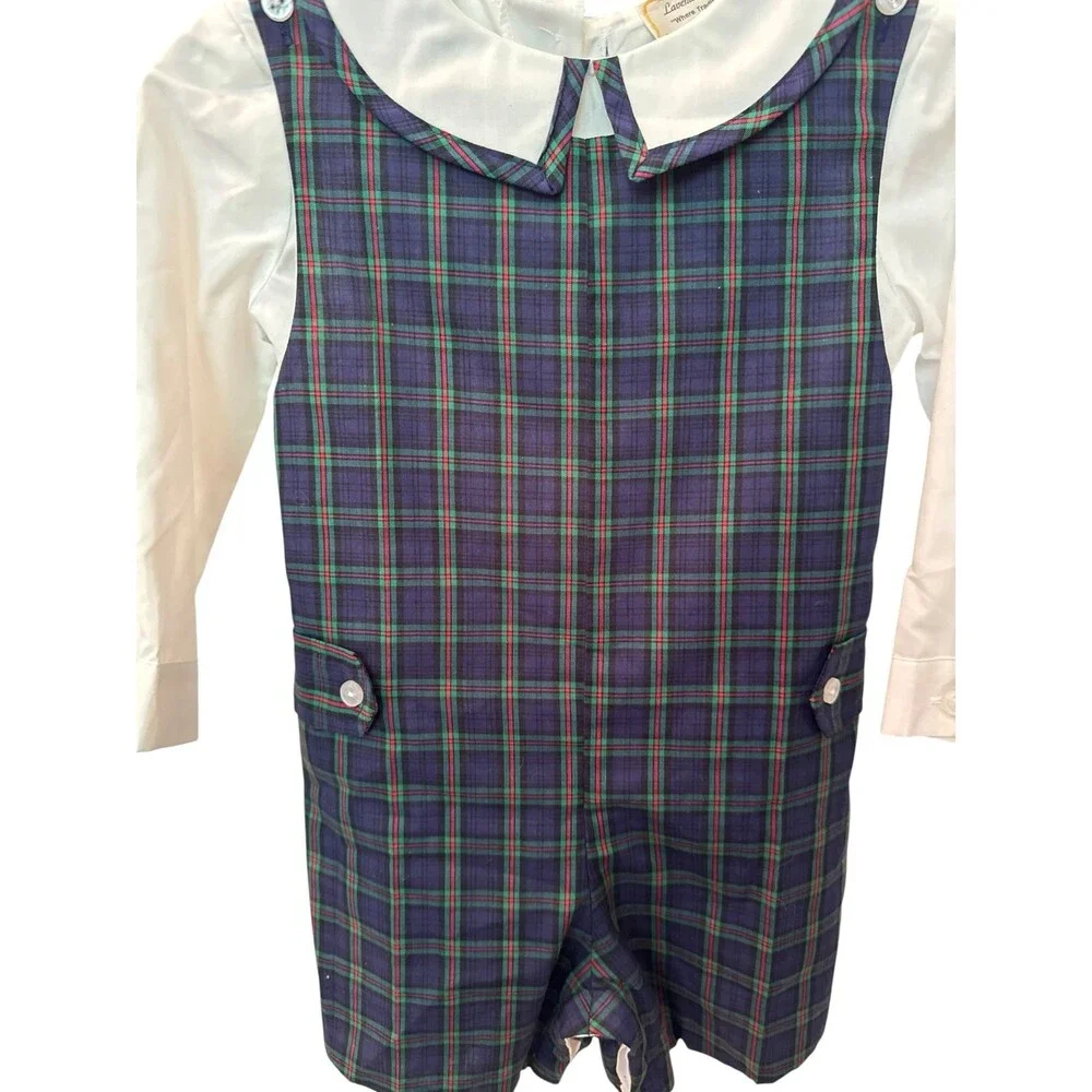 Vintage navy plaid Boys Lavender Blue Heirloom Short-all Romper Size 18 months